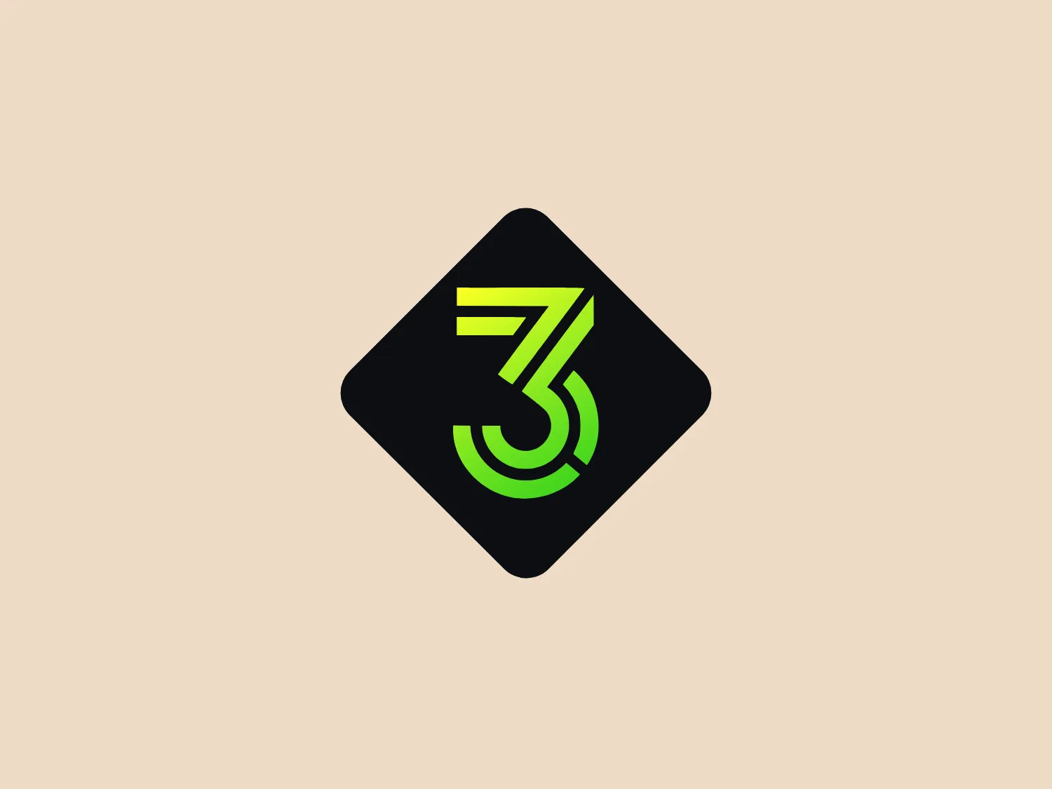 The NPO 3FM logo is a modern, geometric design featuring a bold neon green numeral '3' with a stylized effect. The neon green '3' gives the logo a dynamic and tech-oriented look. The background of the logo is a tilted black square, adding to its cutting-edge feel and conveying a sense of motion and energy. The overall aesthetic is sleek, contemporary, and vivid, likely signifying innovation or speed. A light background in hex color #F2E2D0 would complement the striking green and black of the logo without competing with its vibrancy.