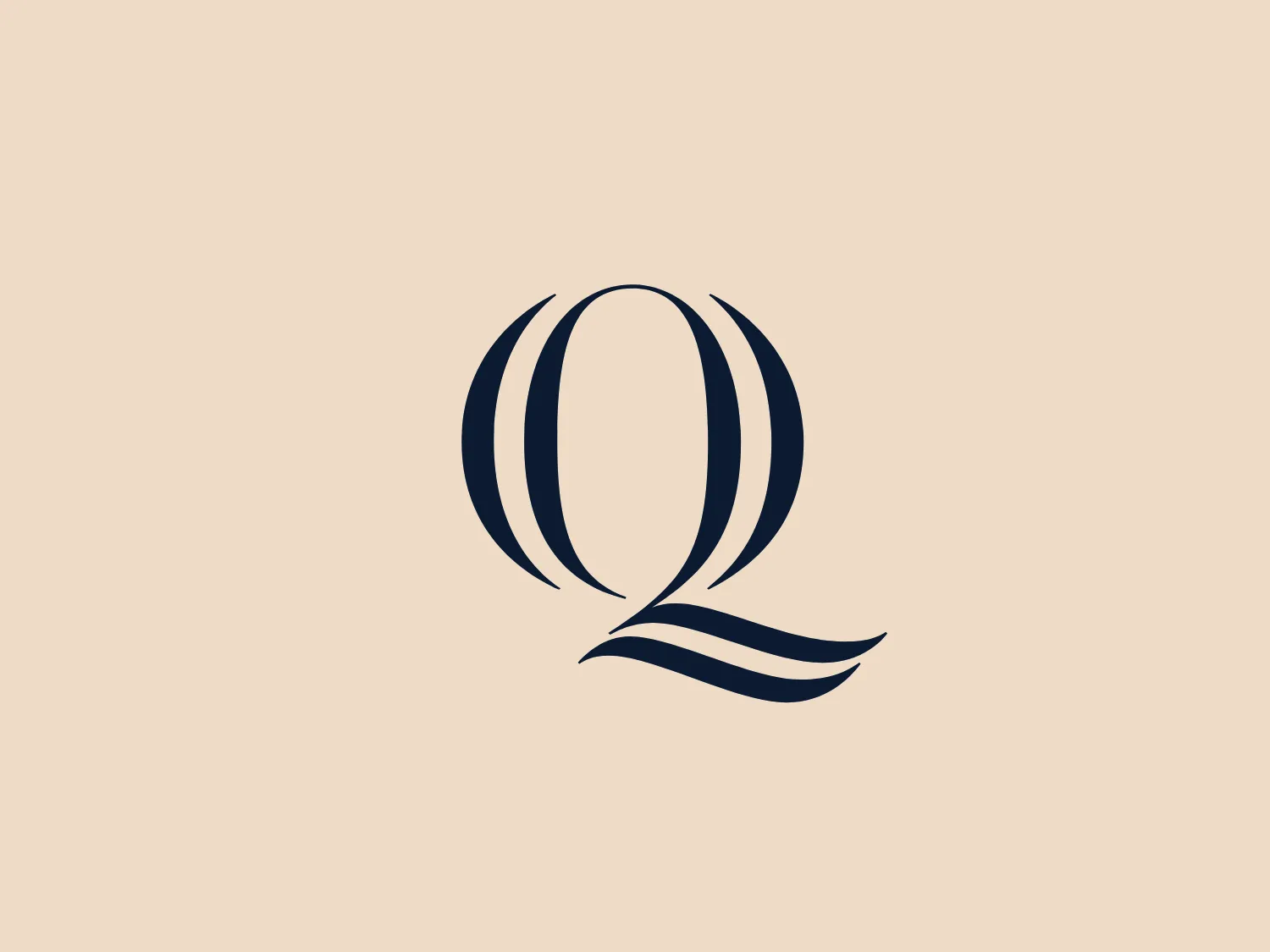 The Quinnipiac logo in the image features an abstract design that could be interpreted as a stylized letter, a sail, or a flame, employing the use of negative space. Composed of dark blue curved lines and swoops that create the feeling of movement or elegance, the forms come together to create an open, round central shape on top with a dynamic, wavy line beneath that grounds the image and gives a sense of foundation or water. The design is simple yet sophisticated, with a modern and clean aesthetic that uses gradient shades of blue to add depth and dimension.