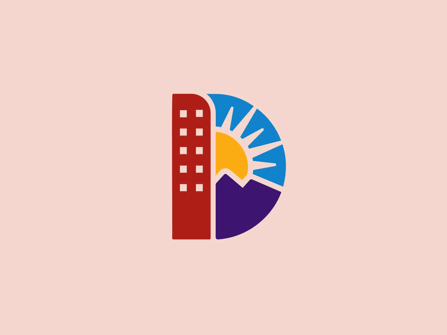 The Denver City logo comprises a stylized graphic featuring a red rectangular building with white windows on the left and a circular motif on the right, divided into three segments. The top segment showcases a stylized yellow sun against a light blue background, representing a bright day. Below the sun, two segments in dark purple and violet suggest rolling hills or landscape scenery. The simple and modern aesthetic, bold and vibrant colors, and use of geometric shapes and clean lines evoke warmth, nature, and a sense of progress, giving the logo a professional and approachable look.
