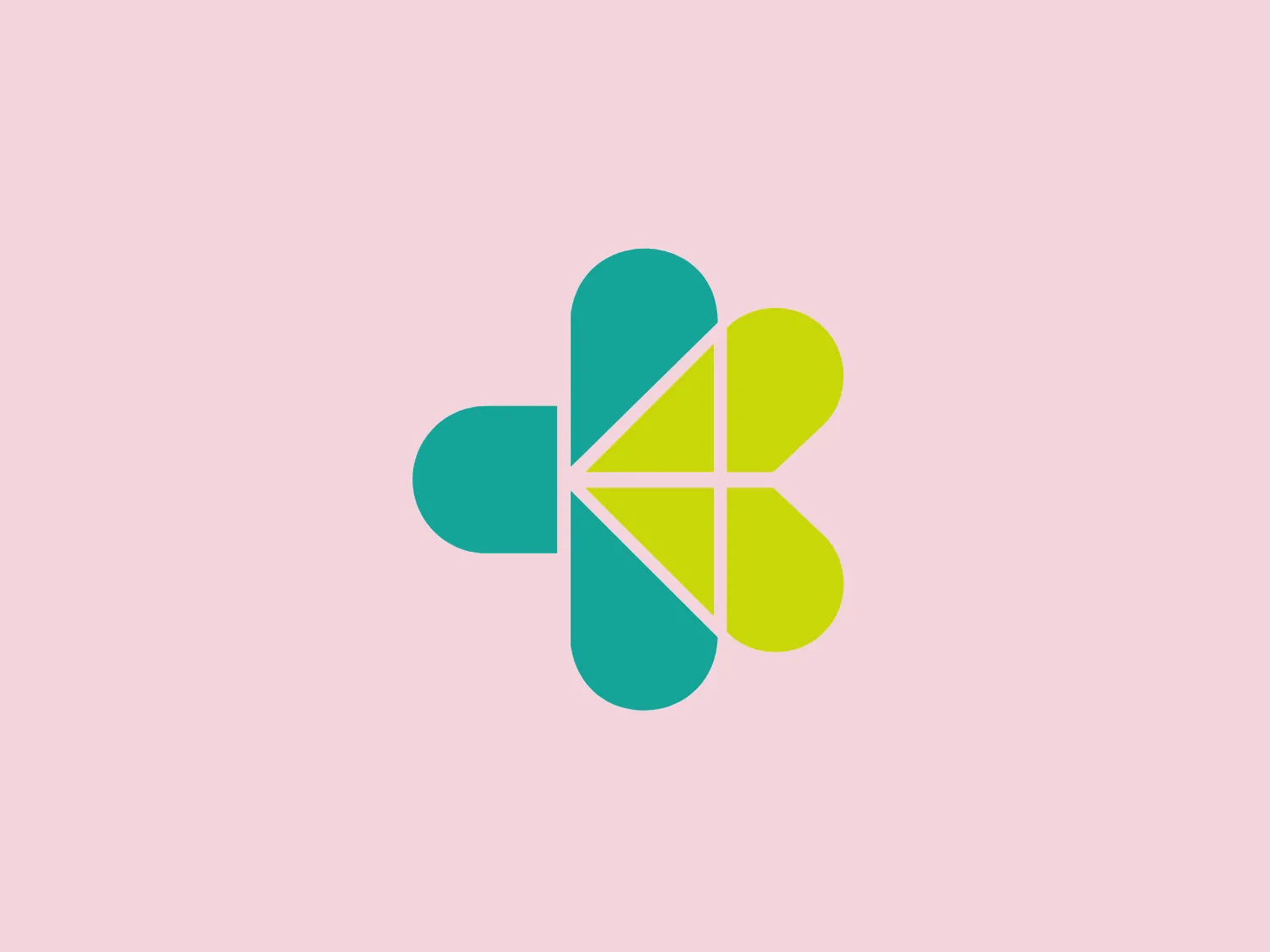 The image presents a modern, stylized logo consisting of a geometric design formed by a combination of various shapes. The logo showcases two main components: a cyan-colored shape resembling a mix between a pill and an elongated hexagon, and a group of three yellow-green, partially overlapped triangle-like forms which create a propeller or fan-like effect. These elements are asymmetrically arranged, conveying a sense of motion or transformation. The logo's fresh, energetic, and approachable vibe is reinforced by the simplicity of the shapes and the bold, bright color palette.