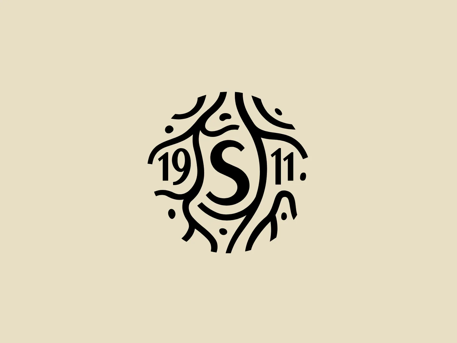 The business logo for Sabatino Truffles features a monochrome design centered around a stylized letter 'S' with a fluid, organic form. Surrounding the 'S' are small dots and shapes that add complexity and texture to the design. To the left and right of the 'S' are numerals '19' and '11', respectively, suggesting a date or year of significance within the circular flow of the design. The overall aesthetic is modern with a tribal or artistic flair, and the strong lines and curves would be complemented well by a subdued background color without overpowering the intricate details.