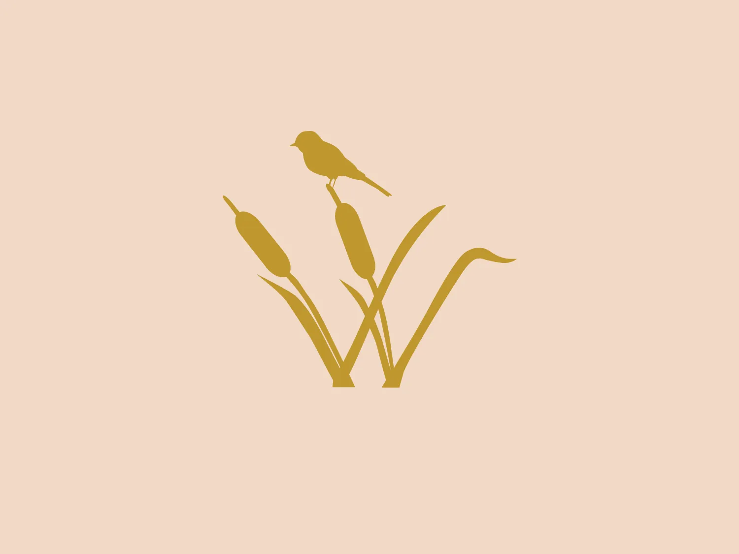 The Woodinville Wine Cellars logo showcases a stylized representation of two birds perched atop slender, elegant stalks, reminiscent of cattails or reeds. The design exudes symmetry, with one bird facing left and the other facing right, evoking a harmonious balance. Its monochromatic golden hue adds a touch of sophistication and warmth, while the smooth lines and gentle curves of the birds and plant stalks convey a sense of tranquility. The logo's simplicity ensures easy recognition and versatility in diverse applications.