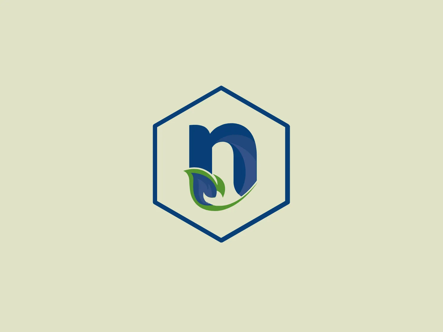 The Nestec logo consists of a sleek stylized letter 'n' centered within a hexagonal frame, with a gradient of deep blue at the top transitioning into a lighter blue towards the bottom. A green leaf-like design element curls around the lower right of the 'n', adding a touch of organic contrast. The leaf element showcases shades of green with subtle highlights and shadows, suggesting sustainability or growth. The overall design is modern and sleek, employing a clean, sans-serif font with flowing, continuous lines to give it a dynamic and contemporary look.