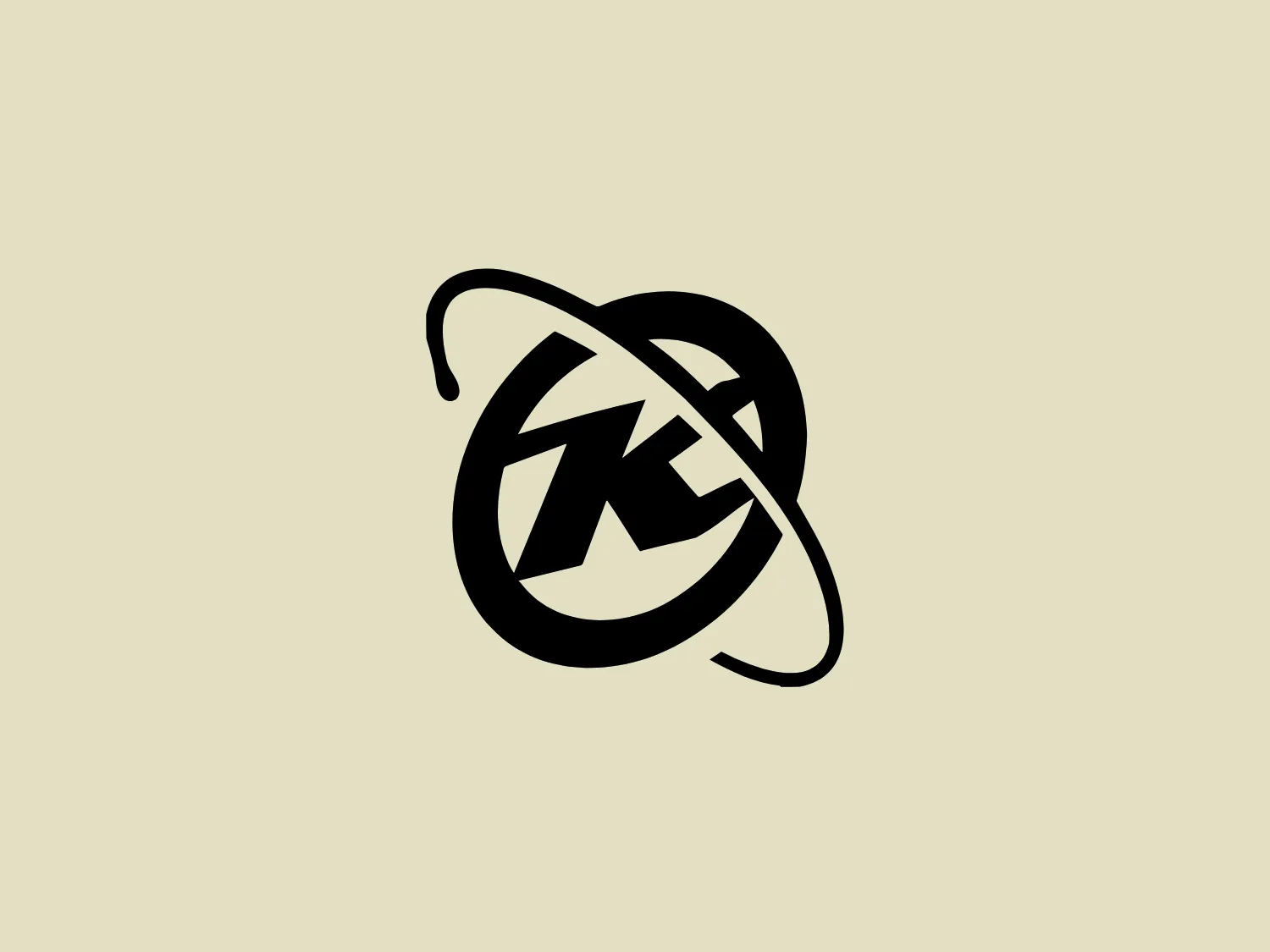The Kona Bikes logo features a stylized representation of letters within a circular shape, with a swirling line looping around the perimeter. The central letters are designed with sharp angles and bold, geometric cuts that give the impression of initials or a monogram. The overall design has a modern, dynamic feel, with a clear contrast between the black elements and the white negative space. An interesting feature is how the swirling line adds a sense of motion and encircles the letters, suggesting completeness or protection. The thick, solid lines speak to strength and stability.