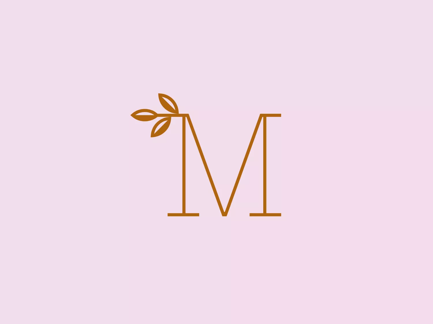The Mansion's logo features a stylized letter "M" in a serif font, exuding elegance and minimalism. With crisp lines and a balanced structure, the "M" connects to a small branch adorned with three leaves, one of which overlaps the upper section of the letter. The warm, monochromatic bronze or copper color adds a touch of sophistication and premium quality to the design.