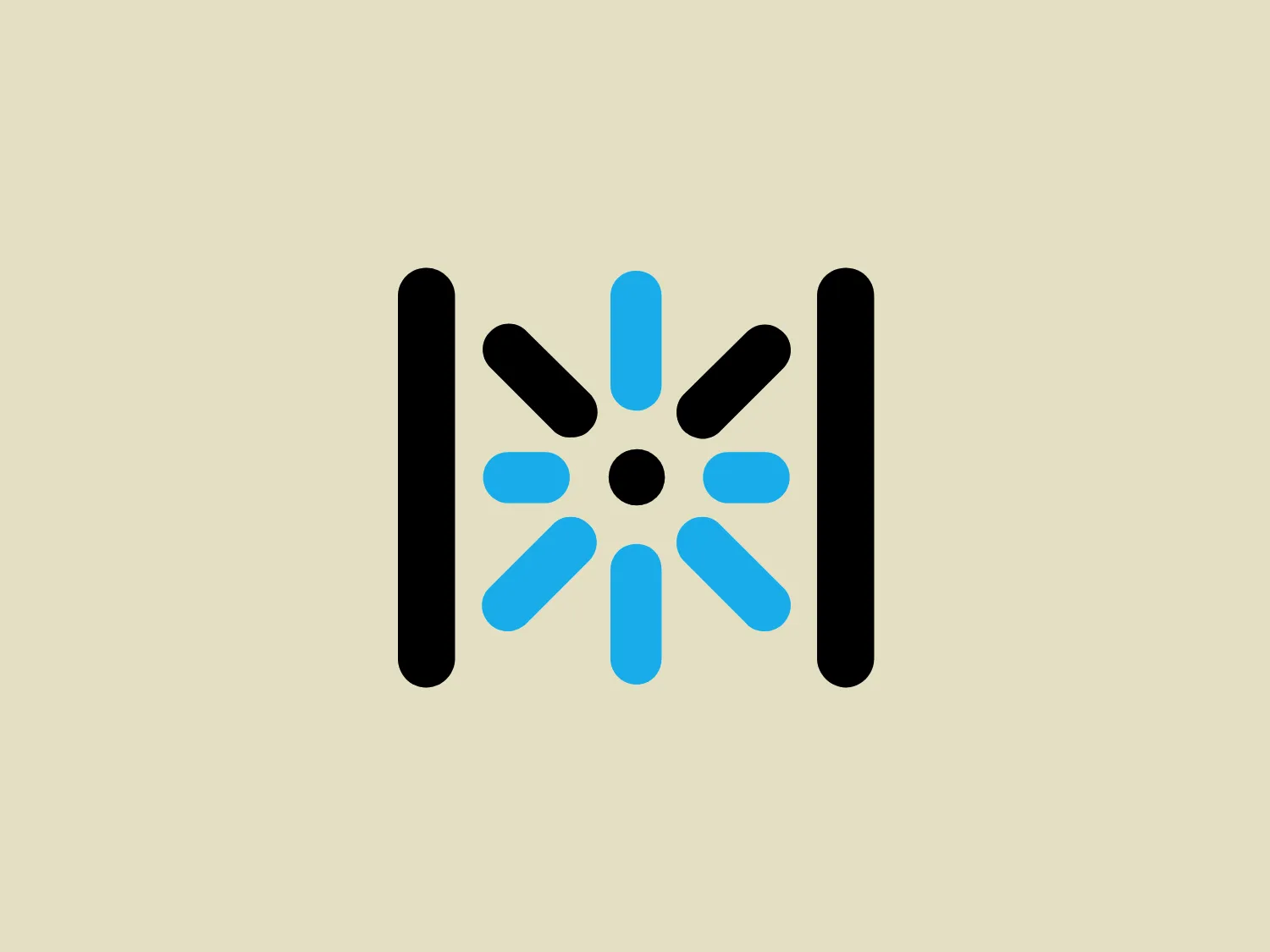 The Museomix logo features three basic elements: two bold, black vertical bars on the sides and a stylized asterisk or flower-like shape in the center. The central figure has eight petals in a light blue color, radiating from a central circle. The shapes are simple with clean lines, suggesting a modern and minimalist design aesthetic. The logo's use of negative space between the petals creates a dynamic and eye-catching contrast with the solid sidebars.