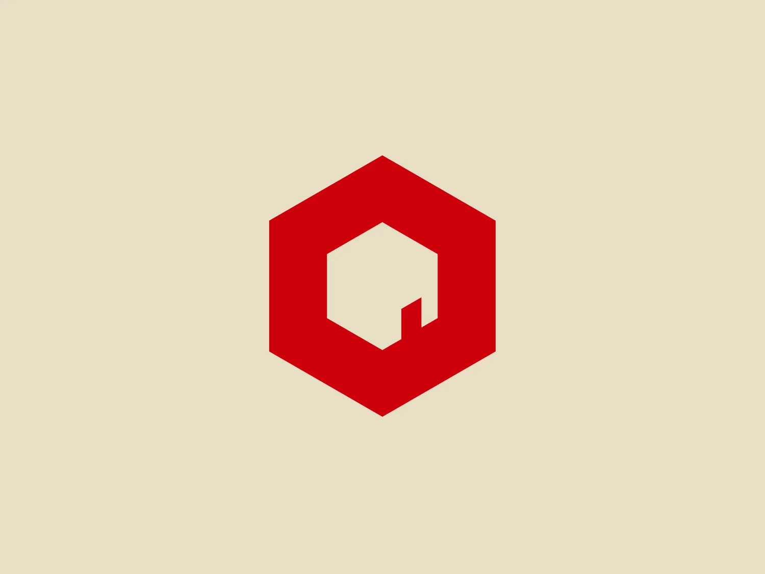The Quattro Houses logo is a bold red hexagonal shape with a white stylized letter or abstract design inside. The hexagon is oriented so that two of its vertices are at the top and bottom rather than its sides, giving it a dynamic diamond-like appearance. The white figure within is composed of geometric shapes, like rectangles or squares with a corner missing, arranged in a manner that creates a sense of depth or dimensionality. The overall design aesthetic is modern, clean, and simplistic, with a strong use of negative space within the hexagon to define the central figure.