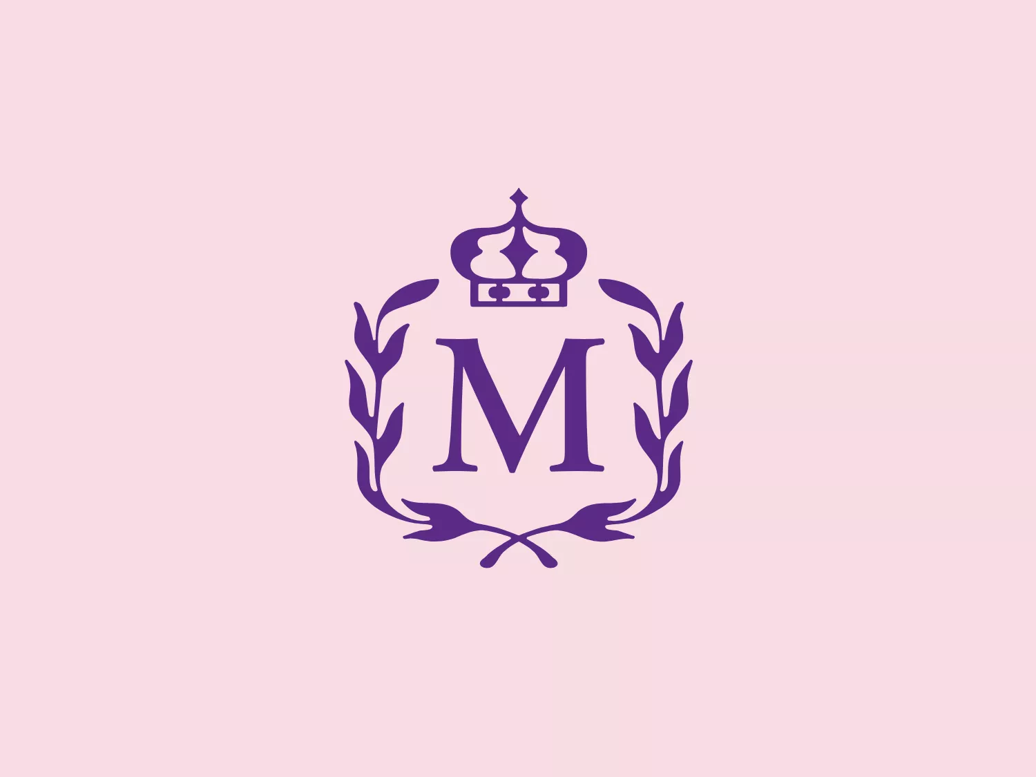 The Molinard logo is a symmetrical emblem that features a stylized letter "M" as its centerpiece, in a bold serif font, encased inside a lightweight oblong shape reminiscent of a traditional coat of arms or shield. Above the letter, there is a crown with intricate details, signifying a regal or prestigious brand identity. Flanking the shield are decorative, leafy branches that curl inward toward the bottom, forming a sort of wreath that encapsulates the central design elements. The entire logo is rendered in a single, deep purple hue, which conveys luxury and sophistication.