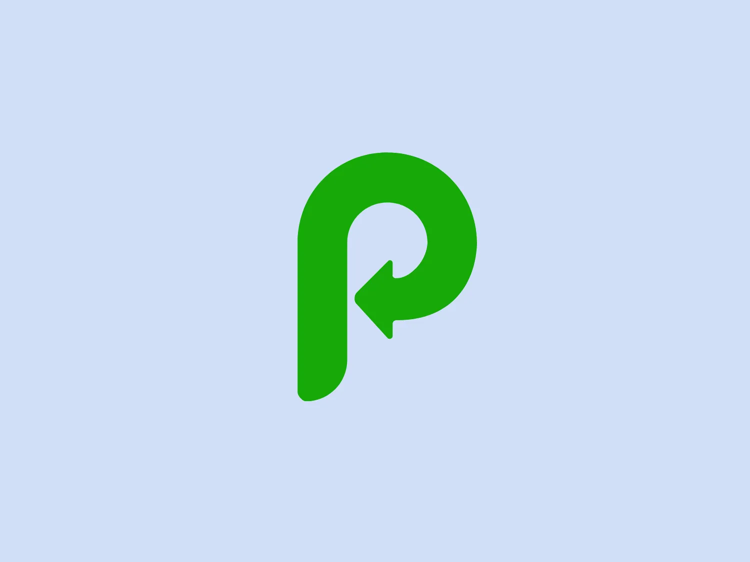 The image showcases the JustPark logo comprising a single, stylized letter in a vivid green. The character is fluid and organic, resembling a lower-case 'p' with a soft tail that loops back under its rounded body. There's a slight cut or negative space at the tip of the tail, giving an impression of a leaf or speech bubble. Its design is modern and minimalistic, devoid of any additional embellishment, making it clean and easily recognizable. The smooth curvature and green color suggest themes of growth, renewal, or eco-friendliness.