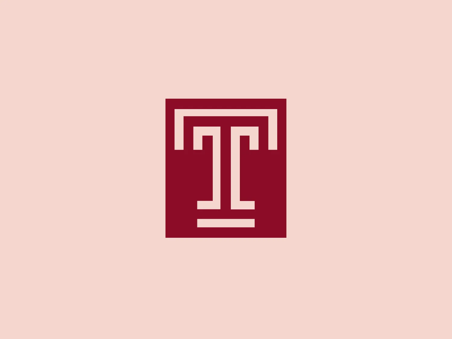 The Temple University logo consists of a bold, stylized uppercase 'T' centralized within a square border. The main figure and the border share the same thickness, creating a harmonious and bold geometric appearance. The color of the 'T' and border is a deep burgundy or maroon, evoking a sense of sophistication and strength. The design is minimalistic, with no additional embellishments, which conveys a modern and clean aesthetic. The square shape that frames the 'T' reinforces a sense of stability and formality.