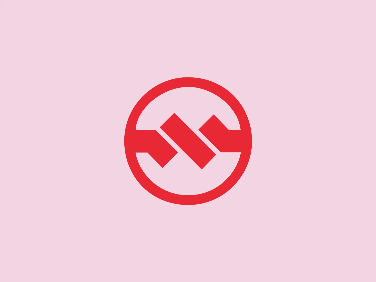 The logo consists of a bold red circular emblem with a stylized white letter "M" in the center that also resembles two arrows pointing towards each other horizontally, suggesting movement or connection. The white "M" or arrow shapes are enclosed within the red circle but do not touch the circle’s edge, creating a white border that adds contrast and makes the design stand out. The shapes are geometric and the color contrast is striking, giving the logo a modern and dynamic look. It conveys notions of synergy, exchange, and direction.