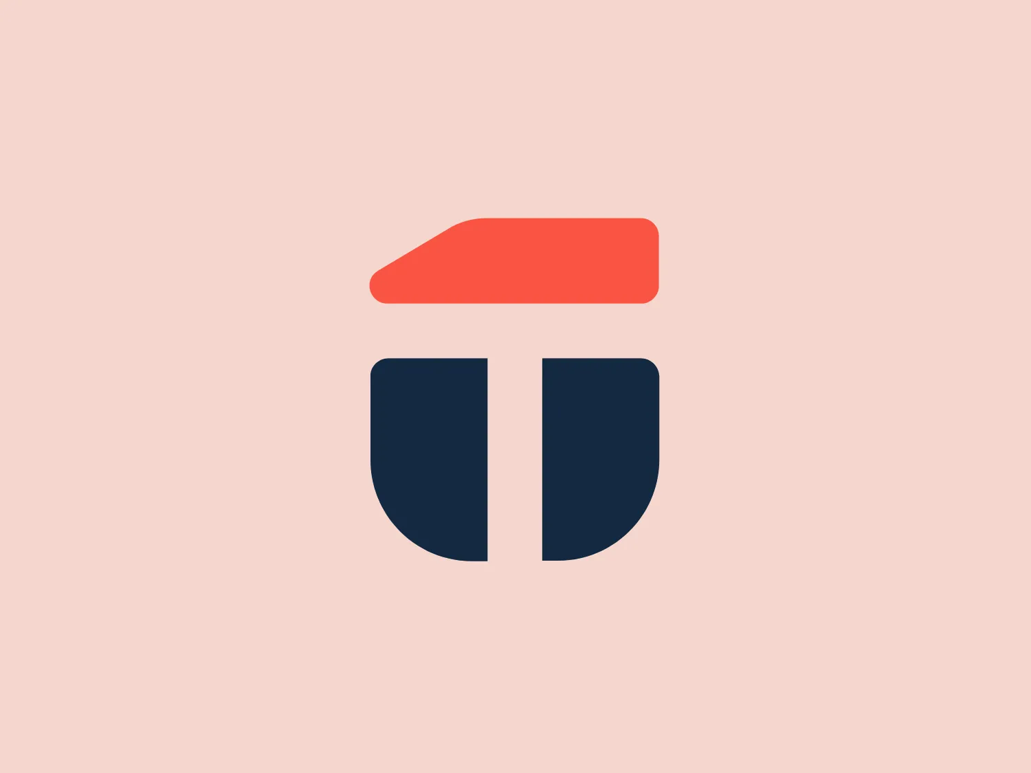 The Tooltime logo presents a minimalist and modern design with a geometric style, utilizing two primary shapes to form a stylized letter or symbol. The upper part showcases a horizontal rectangle with a right-slanting edge on one side, in a warm orange or red tone, while below it, two vertical, symmetrical shapes, resembling a letter "U" or a cup, are rendered in a deep navy blue. The contrast between these colors provides a bold and dynamic look, while the clean lines convey professionalism and sleekness. Additionally, a balance between rounded and angular edges indicates versatility and approachability.