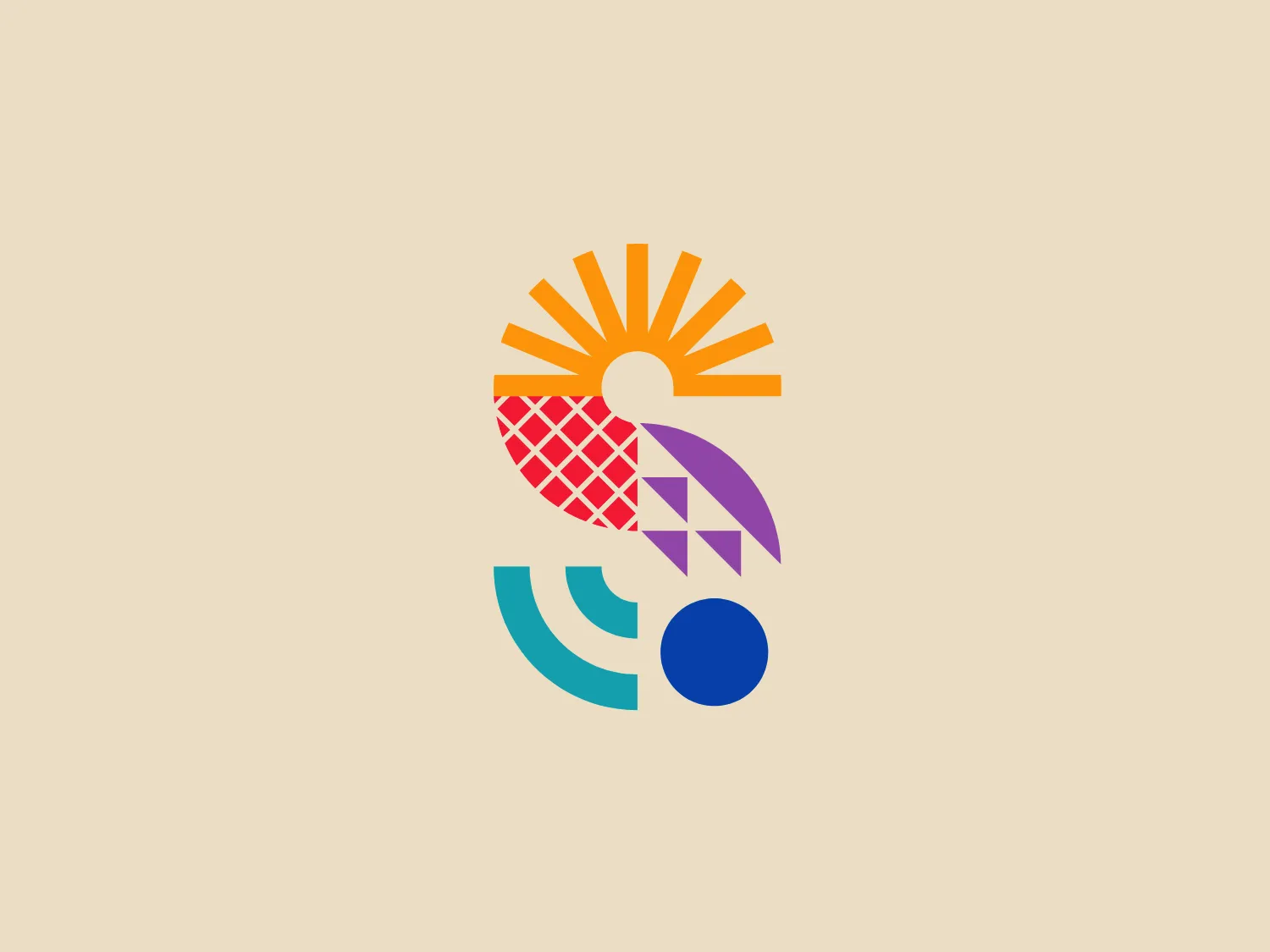 The Simbiosofia logo integrates geometric shapes and vibrant colors to create a dynamic image. It features a radiant orange sun with yellow rays, a red grid-like pattern on a semicircular fruit suggestive of a strawberry, a purple leaf or wing with light purple patterns, three solid blue arcs indicating movement or waves, and a solid blue circle anchoring the design at the bottom. The overall design is modern, clean, and evokes themes of nature, growth, and sustainability, with a friendly and accessible look.