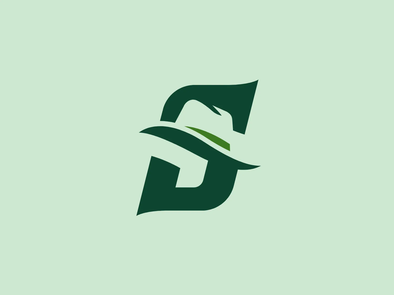 The Stetson University logo is a stylized letter that consists of dark green shapes, with a slightly lighter green accent cutting diagonally across it. The design features bold, dynamic curves that mimic a sense of movement and fluidity, suggesting agility or progress. The main body seems to be a play on the letter "S," and the lighter green overlay could suggest an abstract path or a protective swash. The colors are confident and professional, and the overall design strikes a balance between modernity and timeless simplicity.