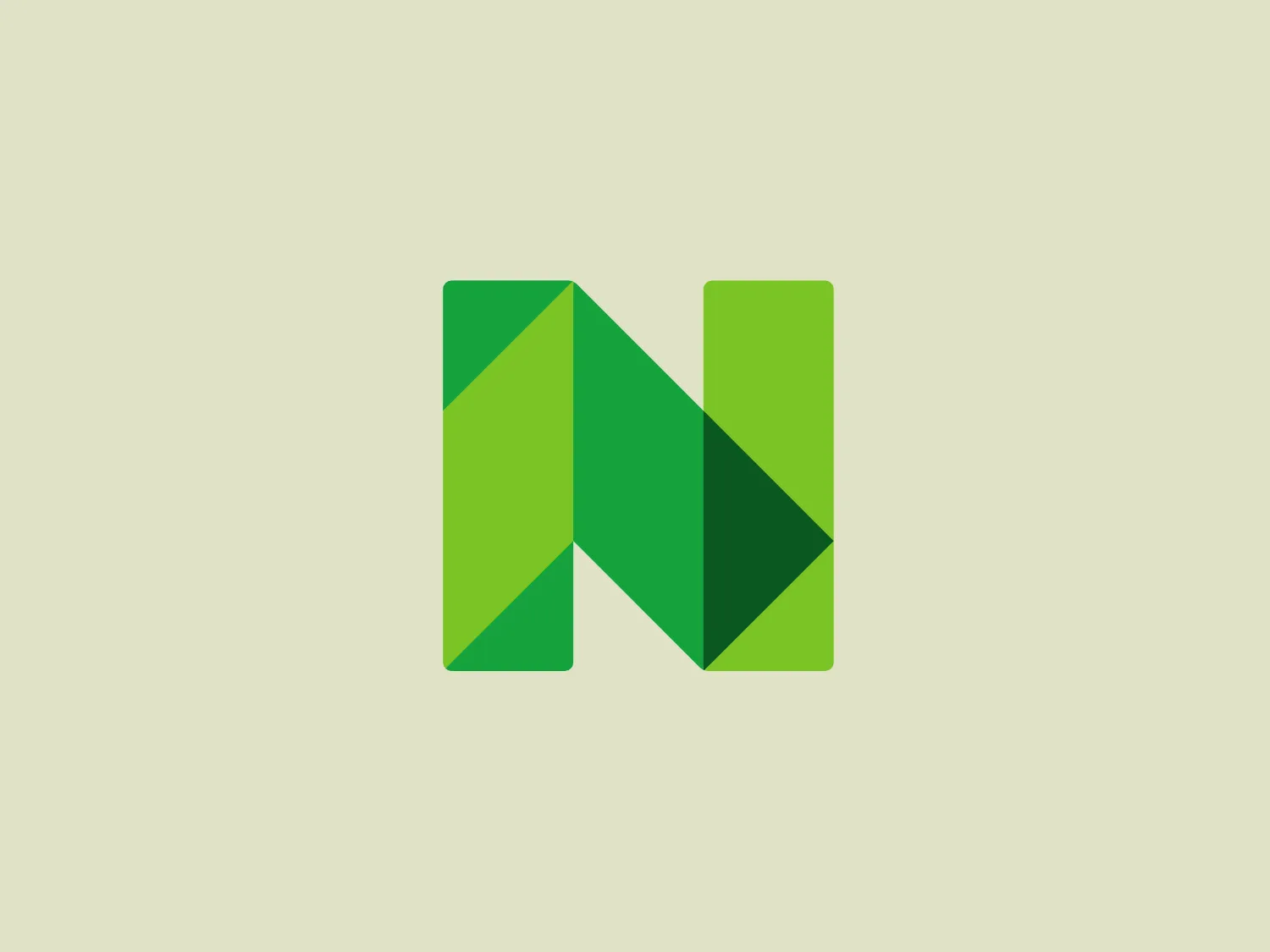 The NerdWallet logo features a stylized letter 'N' created by two 3D rectangular prisms with a gradient of two shades of green - darker green (#458c34) on the left side and lighter green (#7bc143) on the right. The prisms meet in a seamless, interlocking design in the middle, forming the negative space of the 'N'. The logo has a modern and dynamic aesthetic with its use of geometric shapes and a clean, crisp edge. The logo would stand out well against a pale, neutral background.