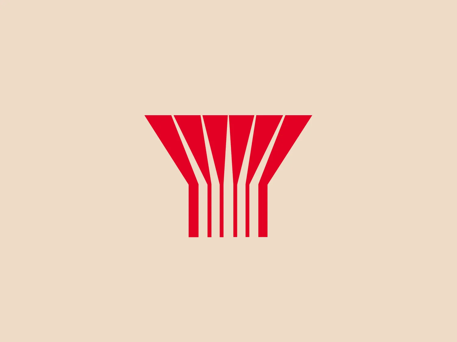 The Yuasa logo is a geometric design with a symmetrical pattern, featuring bold, elongated red triangles converging at a single point at the bottom and fanning out toward the top. The use of negative space between the shapes adds to its modern and abstract aesthetic. The vibrant red color gives the logo an energetic feel, and the contrast between the red and the white background adds to the visual impact of the design. Given the brightness of the red, a soft neutral background would complement it well.