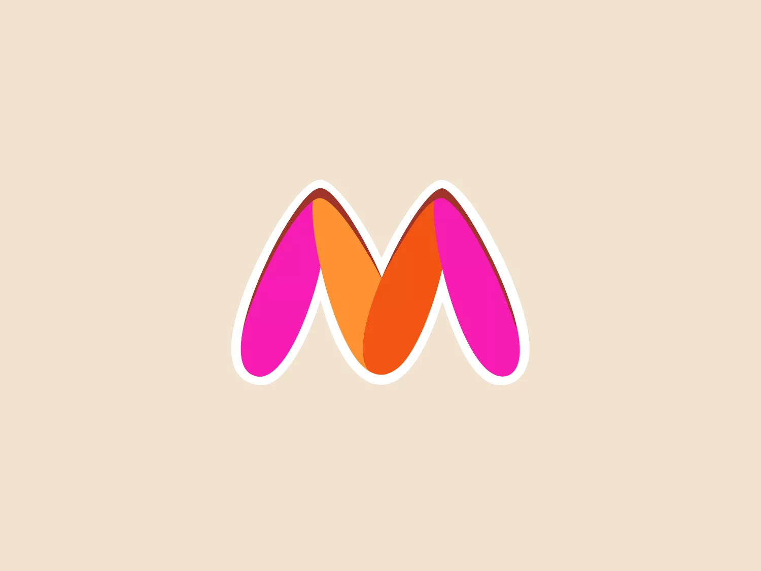 The Myntra logo features a stylized letter M with a modern and minimalist aesthetic. The character is composed of two mirrored shapes that are tapered to suggest movement or a three-dimensional effect. The colors used are a vibrant pink on the left and a warm orange on the right, which meet in the middle to create the central part of the M. The entire figure is outlined with a thin, white border, giving a sense of separation from the background and highlighting the logo's shape. It has a playful yet professional look that would make it suitable for a variety of businesses. Considering the colors in the logo, a neutral and soft background color would complement it well.