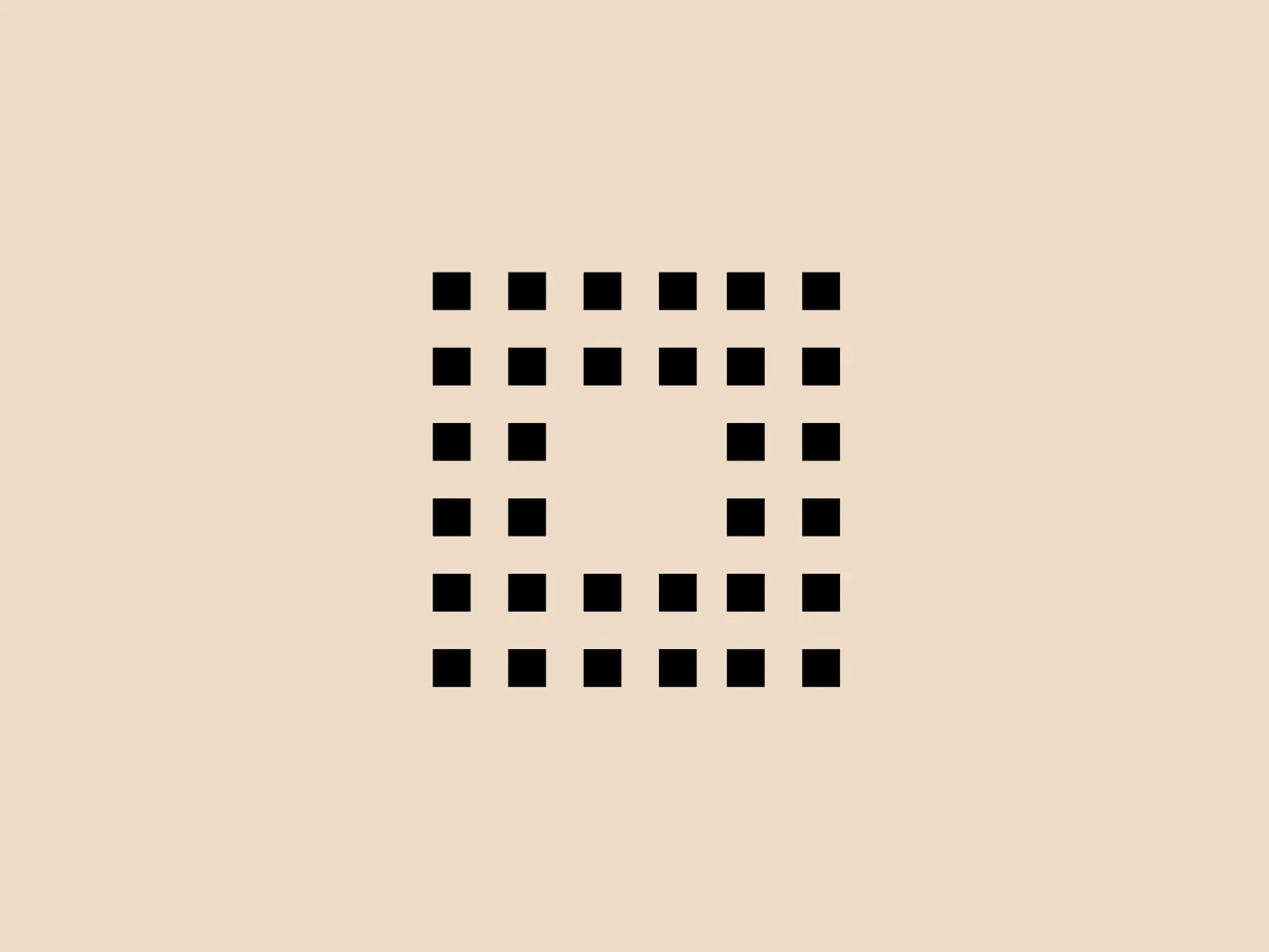 The image displays a square grid made of smaller black squares, creating a digital or pixellated effect. The grid contains five rows of five squares, but some squares are missing, suggesting a deliberate pattern or possibly representing a letter or symbol. This minimalist design is modern and tech-oriented, possibly alluding to digital technology, data, or computation. The simple use of black and white enhances ON Neue Musik Köln's versatility. Considering the logo is black and white, a subtle background color would complement it without overwhelming the design.