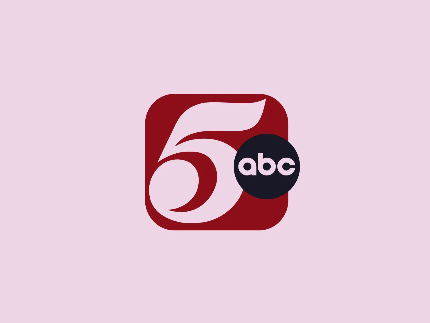 The KSTP TV logo features a stylized white numeral "5" centered within a rounded square of deep red color. The "5" has a modern and dynamic look, with a swirl at the bottom loop suggesting motion and vitality. Adjacent to the primary emblem is a smaller, solid navy blue circle that contains the lowercase white letters "abc." The design aesthetic is clean and contemporary, with a simple yet bold color palette that allows the figure to stand out. The contrast between the white, red, and navy elements creates a strong visual impact.