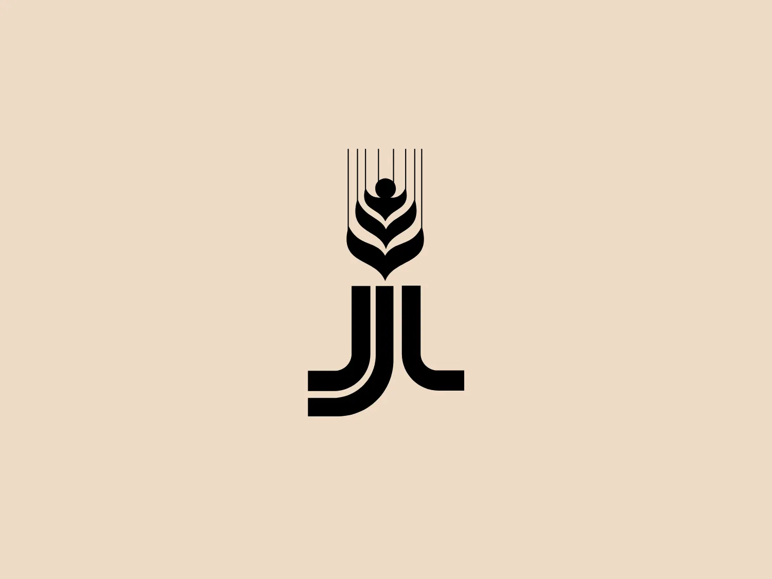 The IFAD logo is a sleek and symmetrically designed emblem predominantly in black on a white background. The design features a combination of shapes resembling agricultural motifs, converging into curvilinear forms that can be interpreted as typography or abstract art. The modern and clean aesthetic utilizes negative space effectively, and a soft background color could complement the stark contrast and simplicity.
