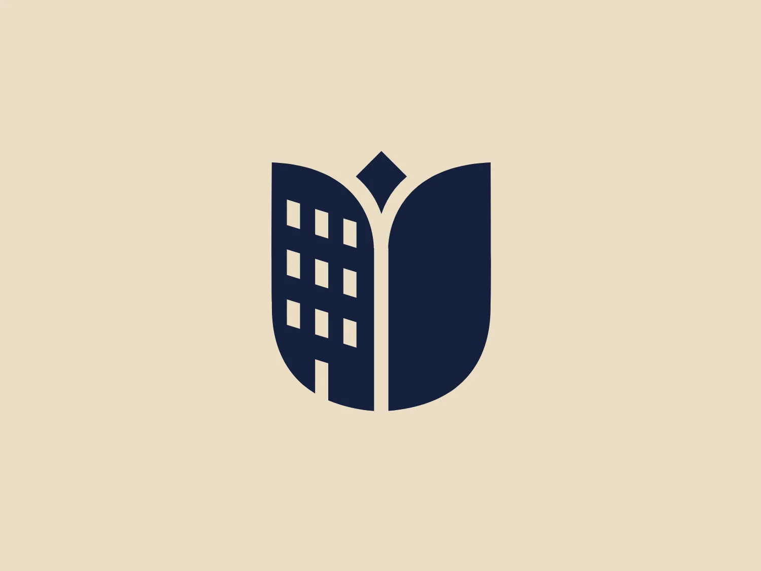 The logo for UrbanStems features a stylized graphic that resembles an open book or a building. It is composed of two main elements: the left side contains grid-like squares representing windows on a high-rise building, while the right side is a solid, flat shape signifying the book's cover or the building's silhouette. The overall logo is symmetrical along a vertical axis. The design uses a strong, dark navy blue that gives a sense of professionalism and reliability. The combination of these elements suggests a merger of knowledge and structure, possibly representing an organization related to education, architecture, or urban development. For a background that complements this logo while maintaining its professional aesthetic, a subtle and neutral color would be ideal.