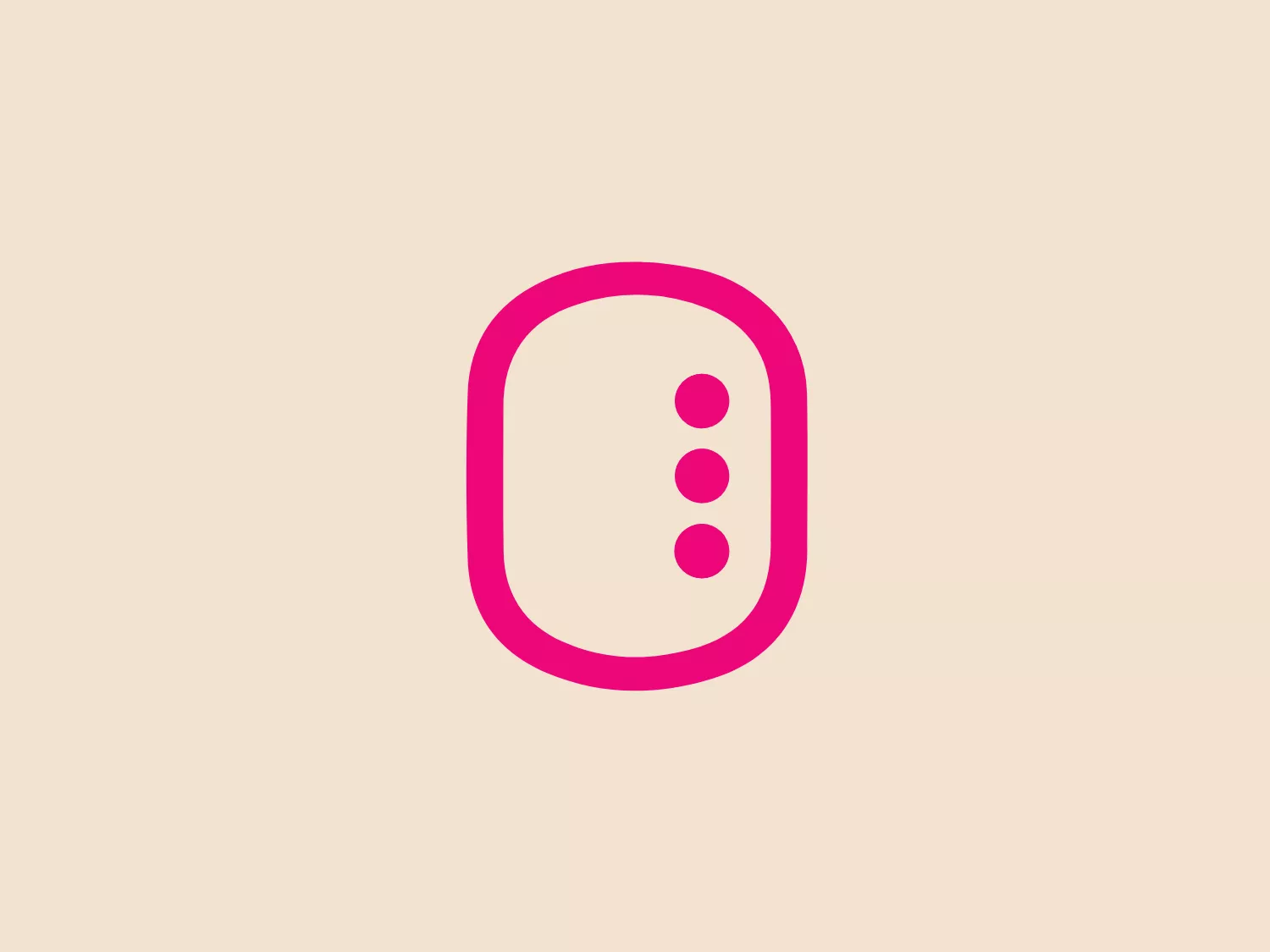 The Page One logo is a modern, stylized letter in a bold magenta pink color (#FF0097). It features a clean, rounded rectangular outline with three solid circles decreasing in size from top to bottom, serving as a unique design element. The overall aesthetic conveys a contemporary and digital-friendly look, suggesting innovation and accessibility. The minimalistic yet striking design showcases smooth curves and modern simplicity with a hex code of #F2E2D0.