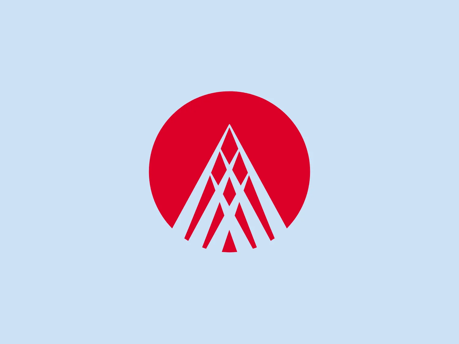 The image is a stylized logo featuring an abstract design that consists of white lines forming a sort of triangular lattice or framework against a bold red circular background. The design is crisp, with the white lines converging towards the bottom of the circle, implying direction or growth. The overall aesthetic is modern and dynamic, with the use of negative space within the triangle shapes adding to the visual interest. The sharp angles contrasted with the round backdrop create a sense of balance and forward motion for Alliance Data.