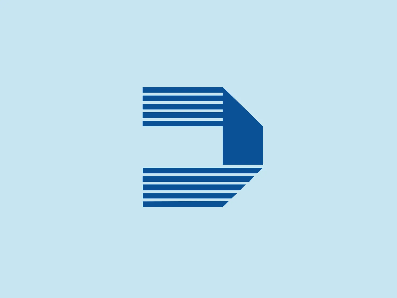 The logo for Duca consists of a bold, saturated blue, stylized, abstract letter "D." The design features a geometric approach with clean, straight lines—half of the "D" is composed of evenly spaced horizontal blue stripes, while the other half is a solid blue block that connects to form the letter's shape. The combination of lines and solid form gives the logo a modern and dynamic look, suggesting movement and stability simultaneously. The edges are sharp, and the overall design is minimalistic yet expressive.
